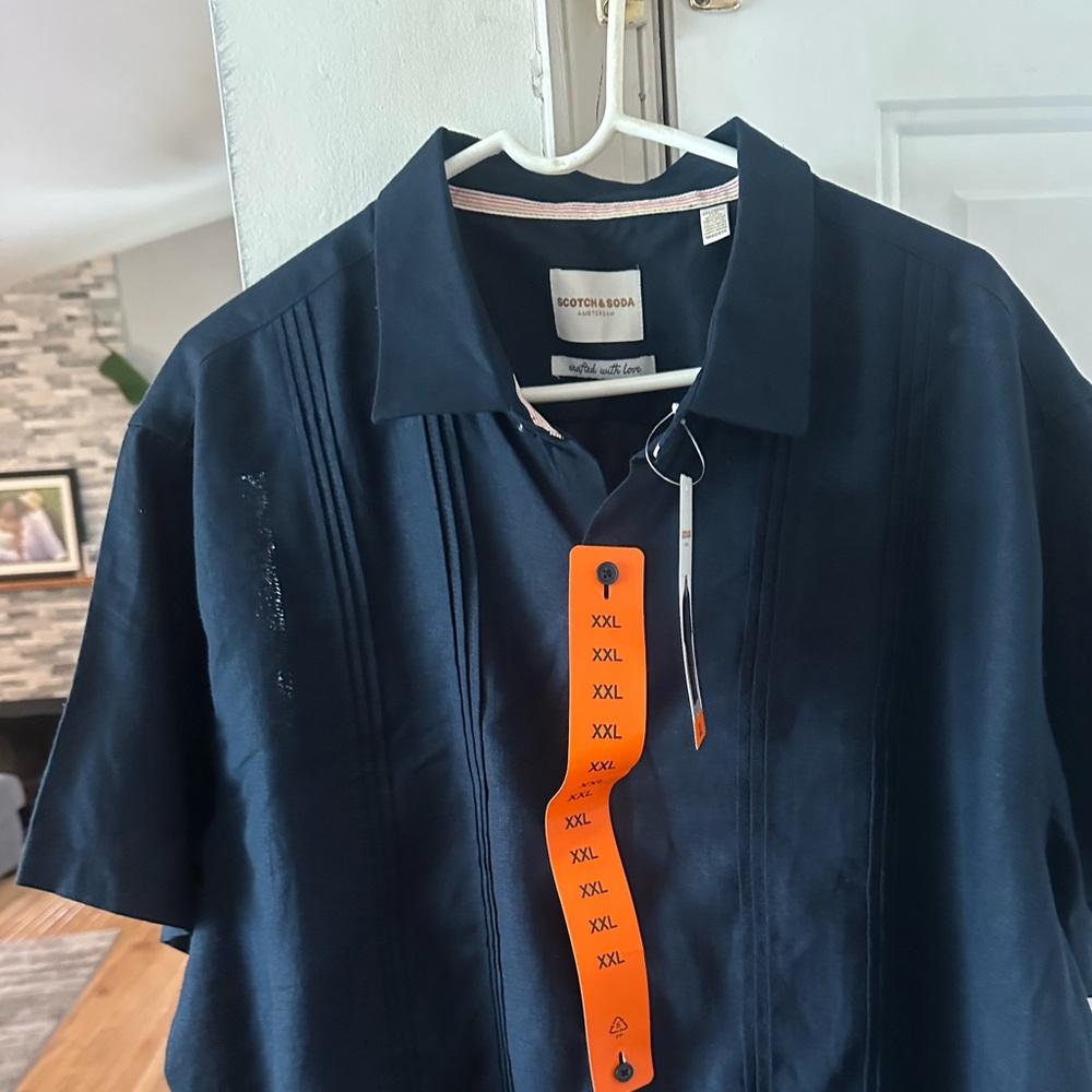 Scotch & Soda NWT Men’s XXL Navy Blue Linen Blend Pleated Button Down Shirt